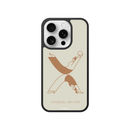 Phone case with a design of a person in a yoga pose and text 'strong body calm mind' on a beige background
